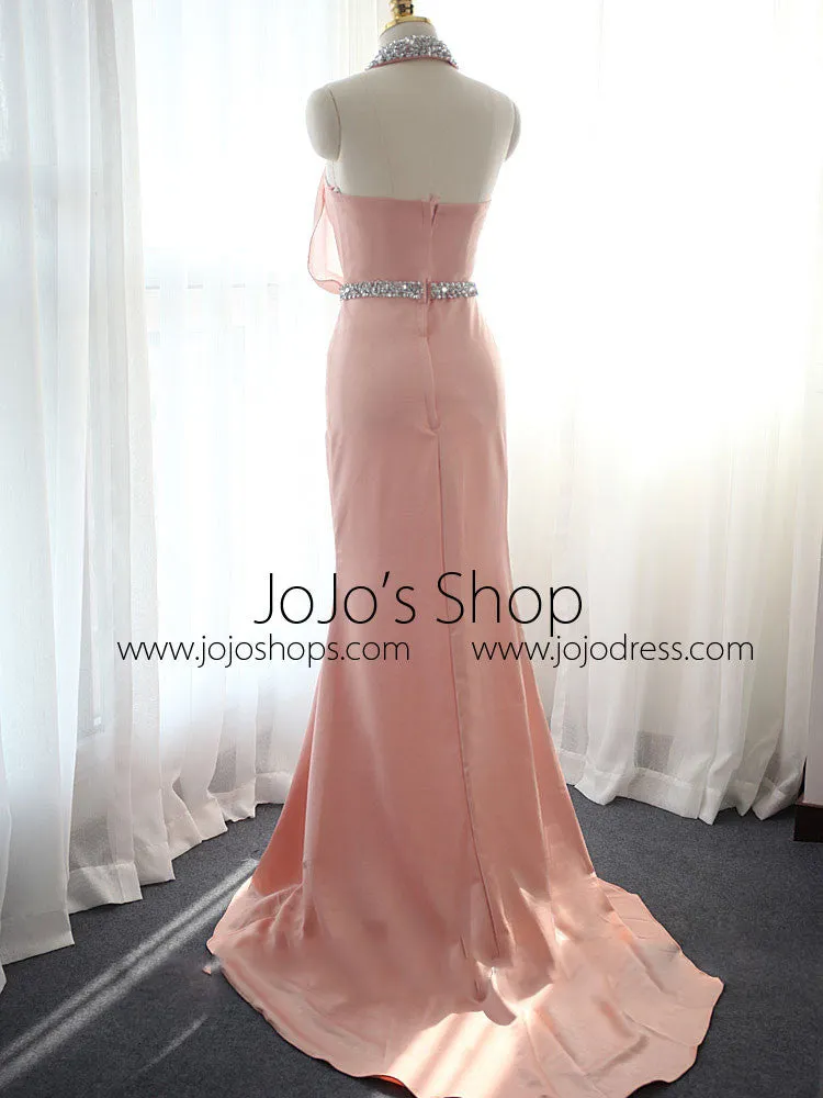 Pink Halter Formal Evening Dress with Collar