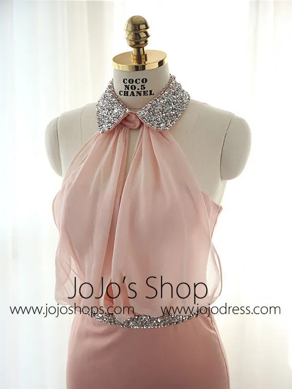 Pink Halter Formal Evening Dress with Collar