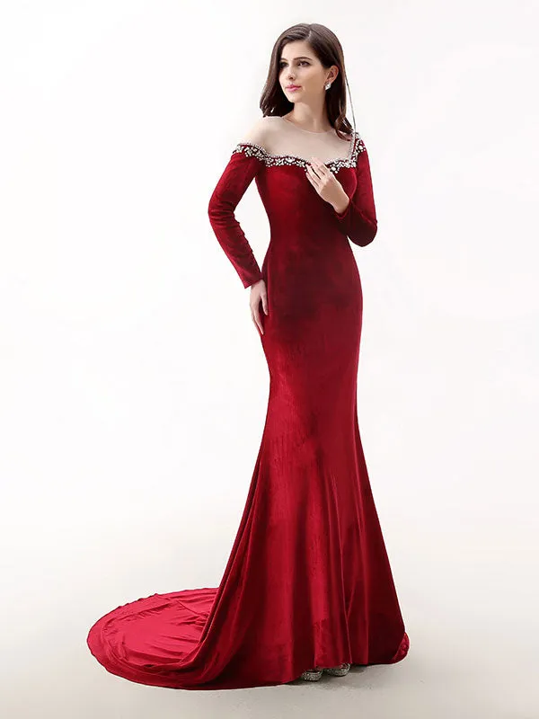 Red Velvet Long Sleeves Formal Prom Evening Dress EN145