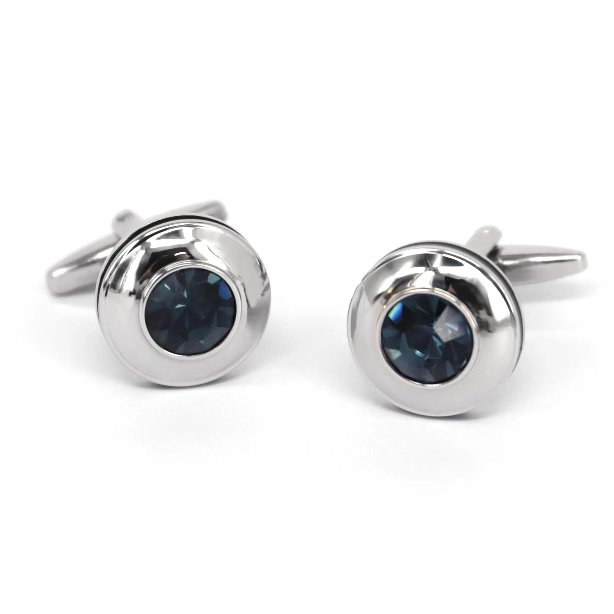 Round Silver 1 Blue diamond crystal Cufflinks  (Online Exclusive)