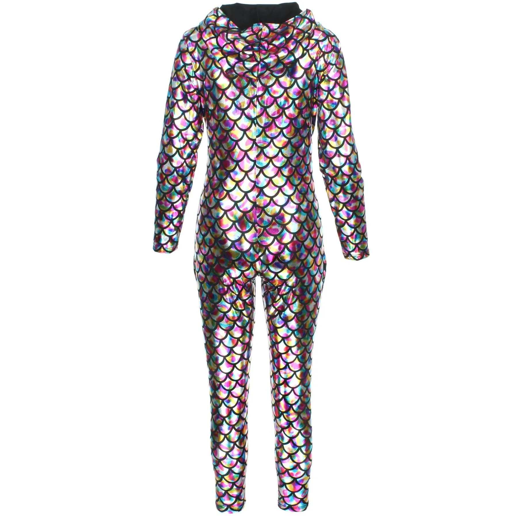 Shiny Mermaid Scale Hooded Catsuit - Rainbow