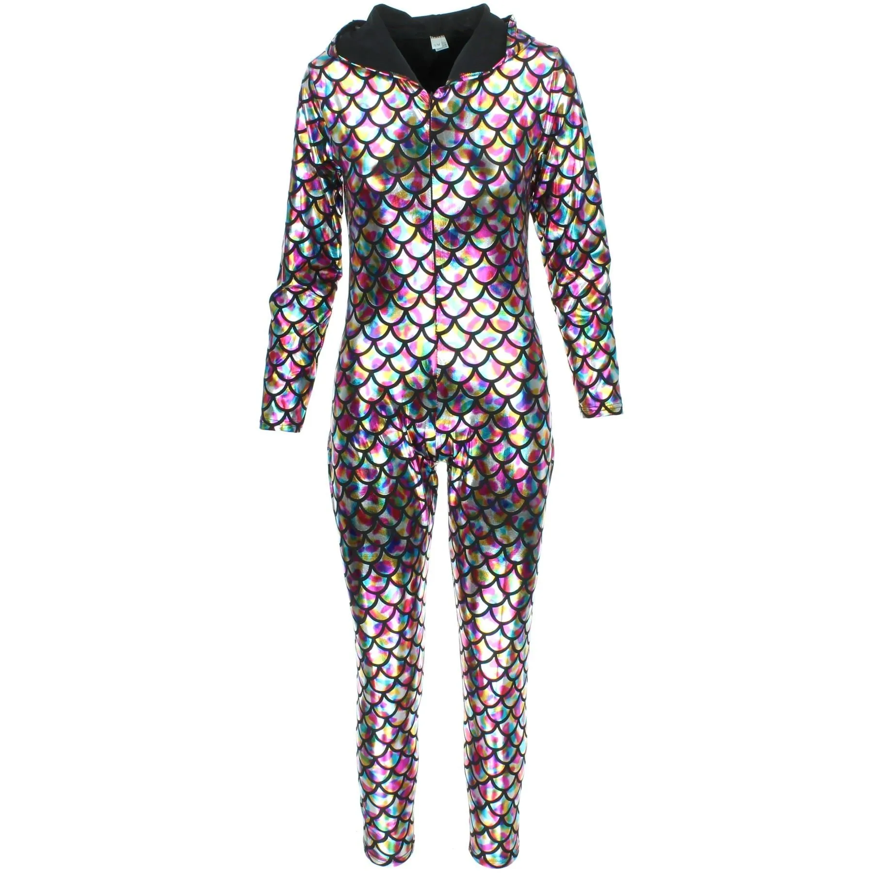 Shiny Mermaid Scale Hooded Catsuit - Rainbow