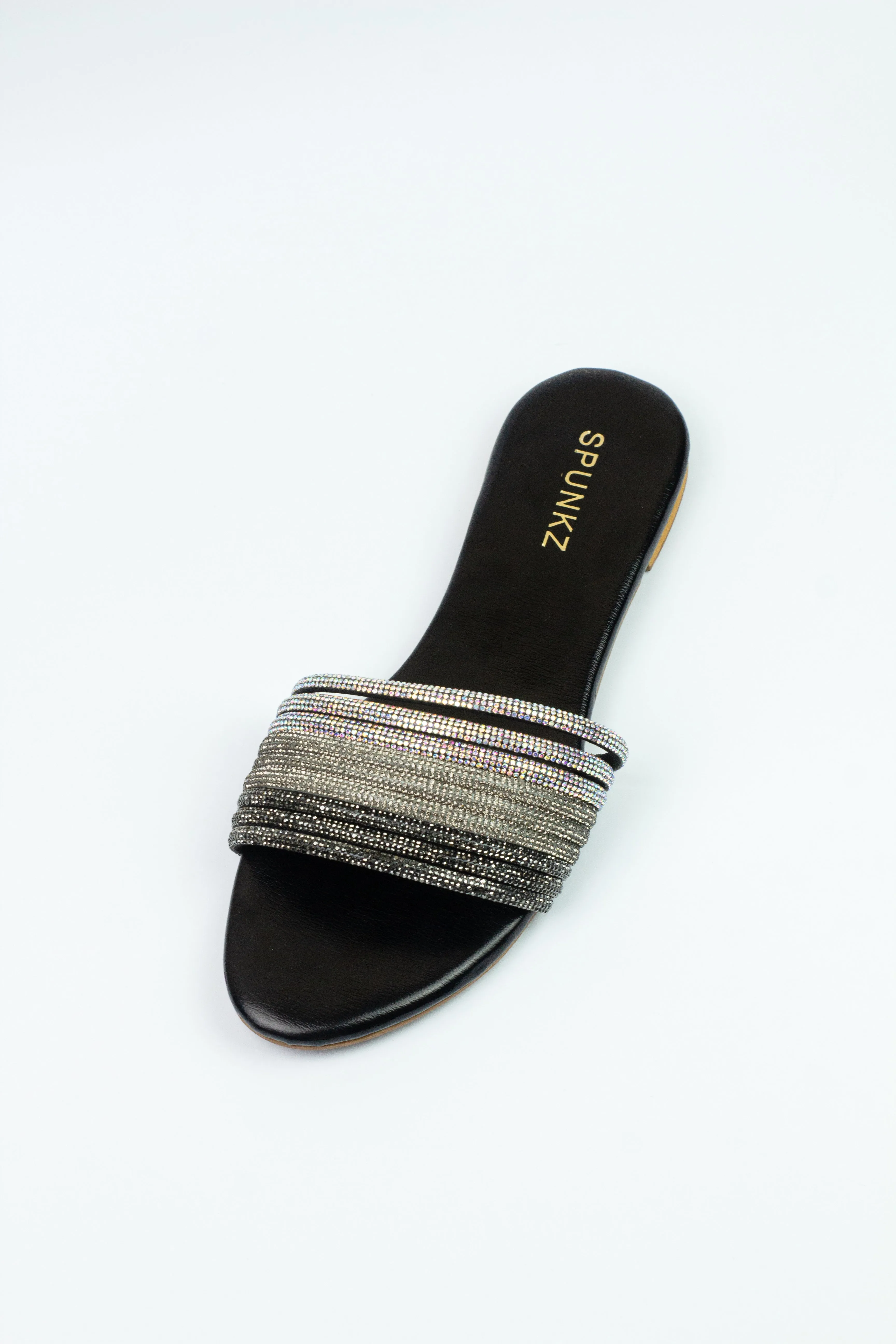 Spunkz Black and Silver Shiny Diamante Embellished Mash Flat Slippers