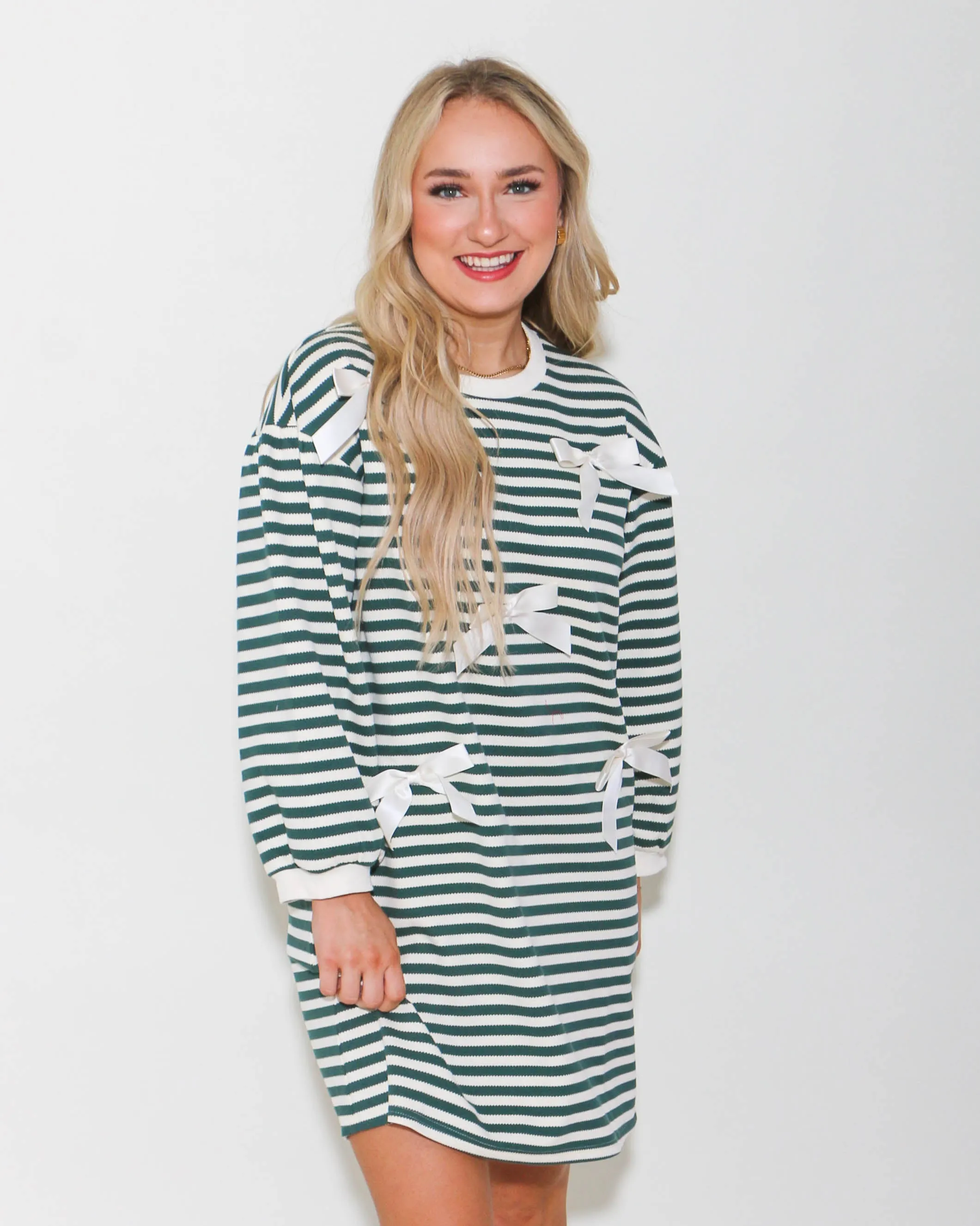 Striped 3/4 Sleeves Dress with Bow Ties in Green