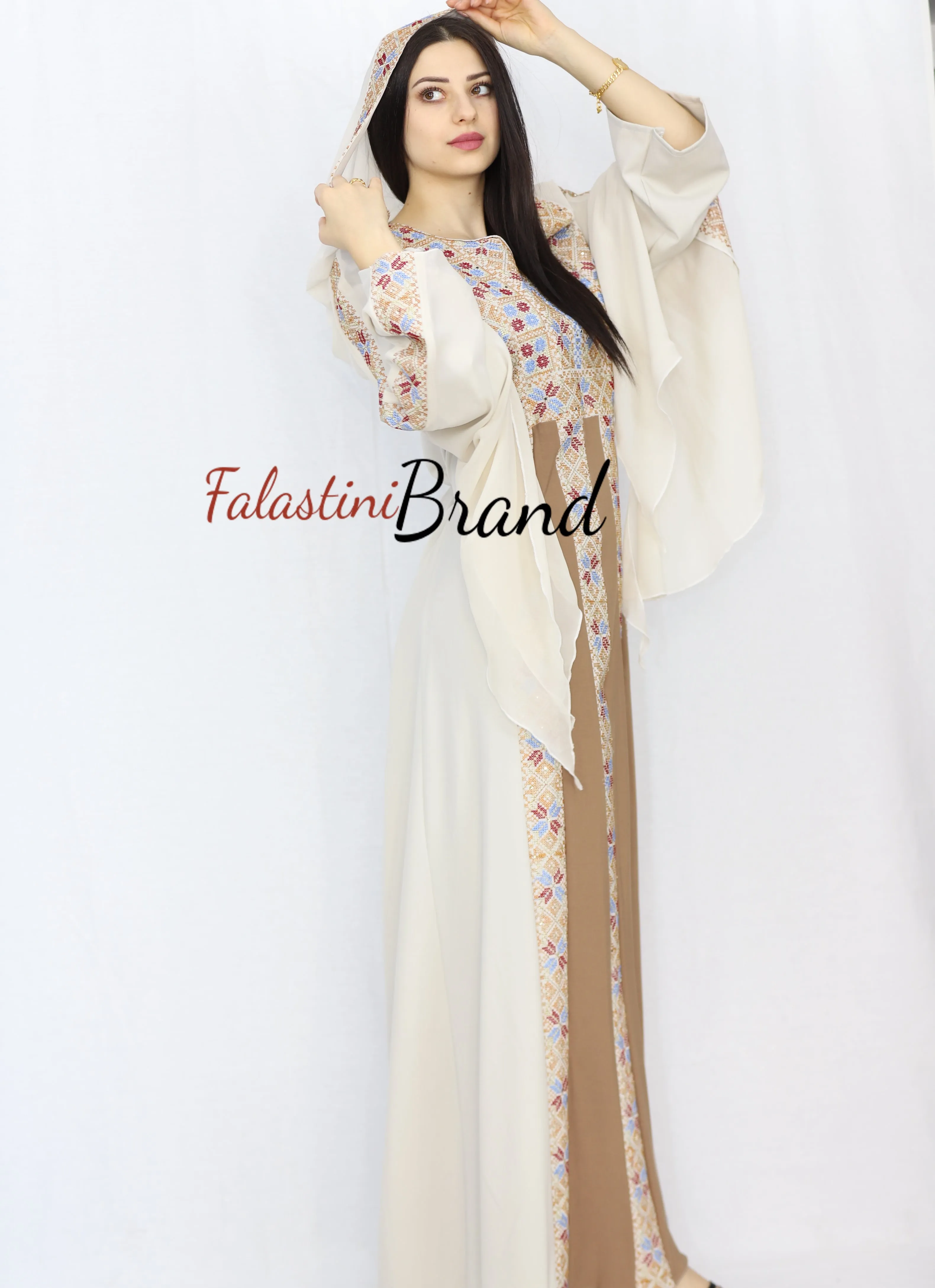 Stylish Cream Color Brown Stripes Palestinian Embroidered Dress Thobe