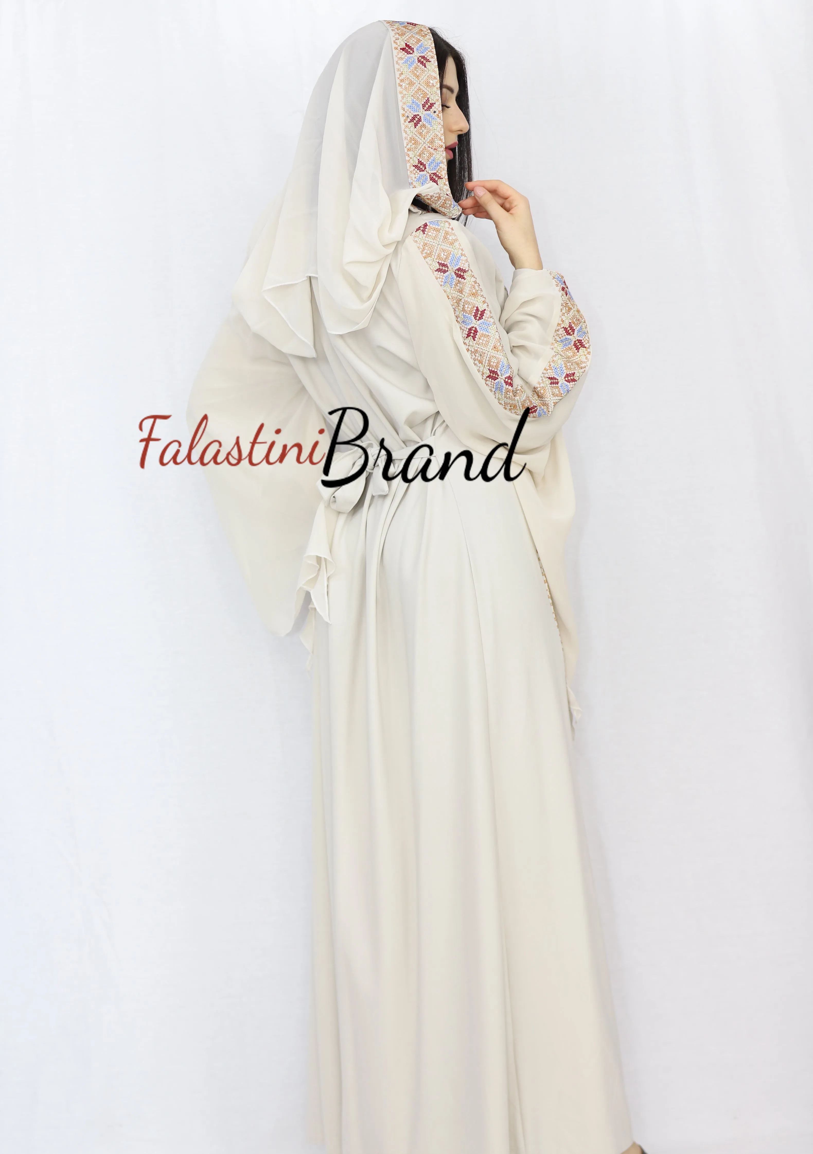 Stylish Cream Color Brown Stripes Palestinian Embroidered Dress Thobe