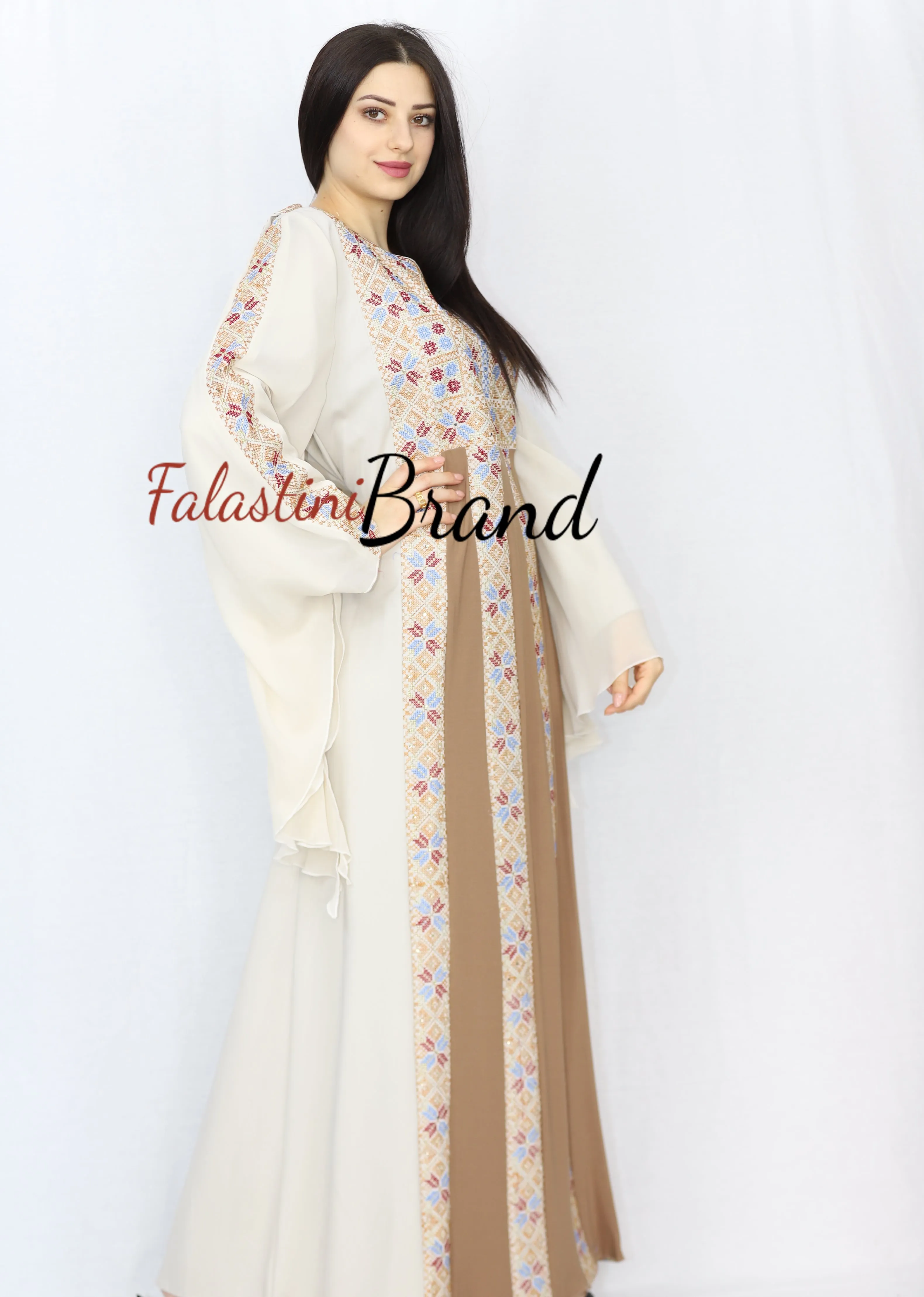 Stylish Cream Color Brown Stripes Palestinian Embroidered Dress Thobe