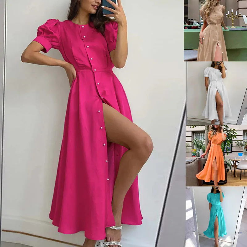 Summer  Cross-Border European and American New Pure Color Elegant Slim High Waist Cardigan Button Mid-Length Dress