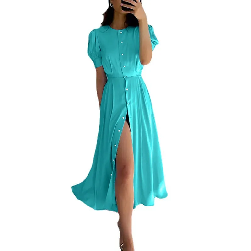 Summer  Cross-Border European and American New Pure Color Elegant Slim High Waist Cardigan Button Mid-Length Dress