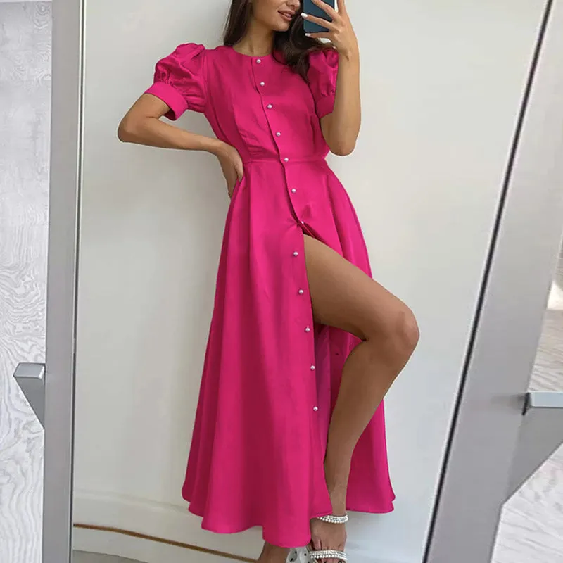 Summer  Cross-Border European and American New Pure Color Elegant Slim High Waist Cardigan Button Mid-Length Dress