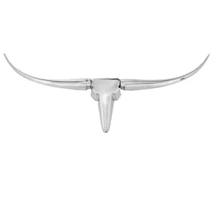 Tauro Long Horn Bust, Aluminum, Silver, Modern, Living Room, Home, Office, Décor, Glam, Wall Art, Bedroom, Animal, Accents, Wildlife, 38” x 2” x 10