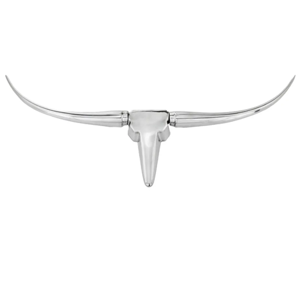 Tauro Long Horn Bust, Aluminum, Silver, Modern, Living Room, Home, Office, Décor, Glam, Wall Art, Bedroom, Animal, Accents, Wildlife, 38” x 2” x 10