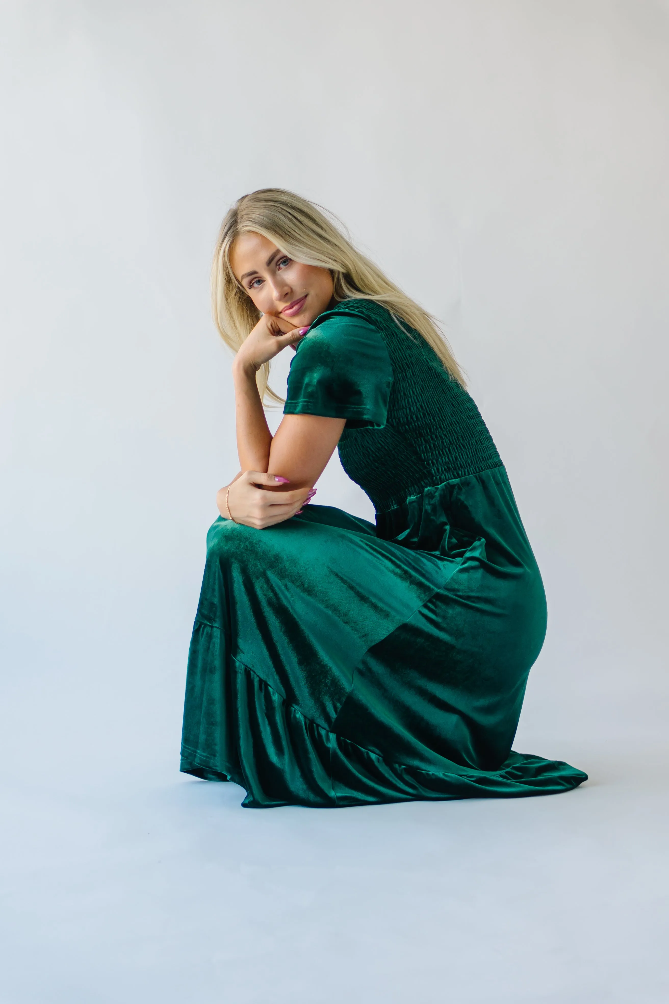 The Noonan Velvet Midi Dress in Hunter Green