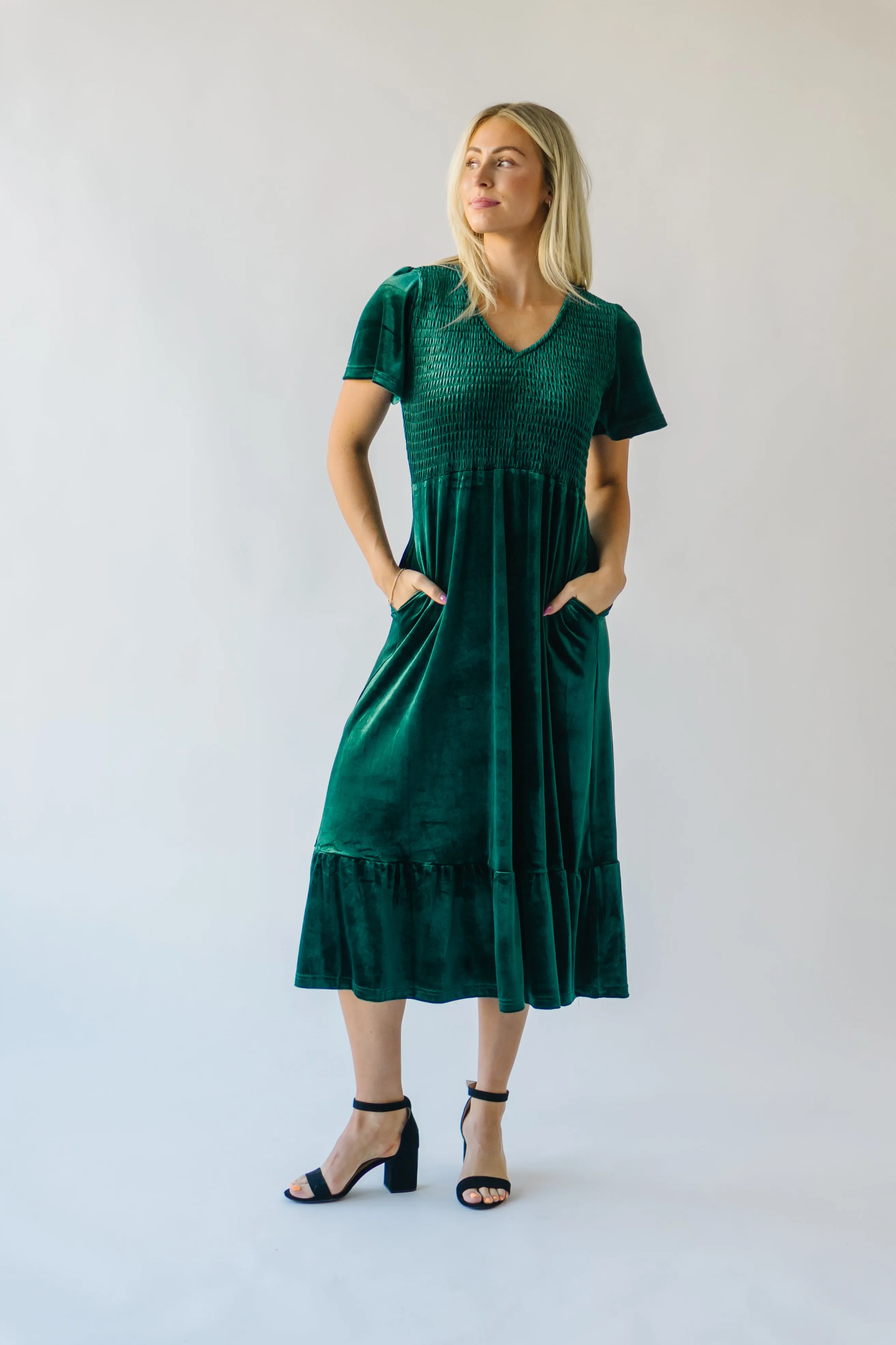 The Noonan Velvet Midi Dress in Hunter Green