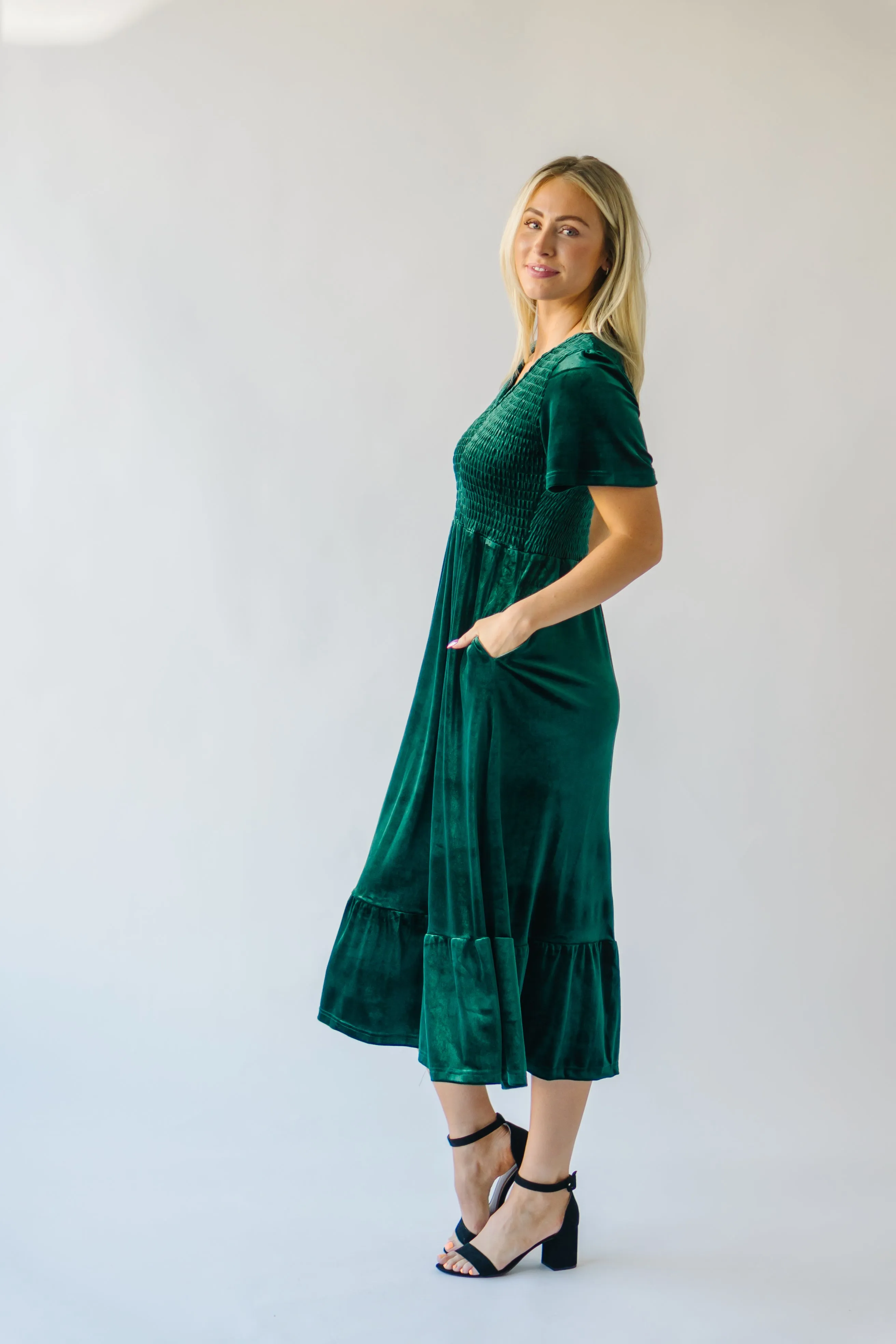 The Noonan Velvet Midi Dress in Hunter Green