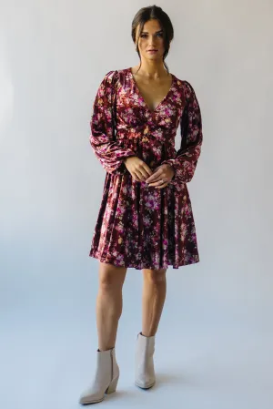 The Zaden V-Neck Velvet Floral Dress in Auburn