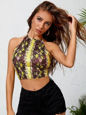 Tie Back Snakeskin Print Halter Top