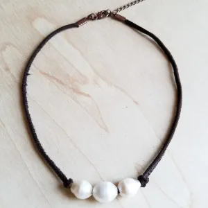 Triple Freshwater Pearl Brown Leather Choker Necklace*