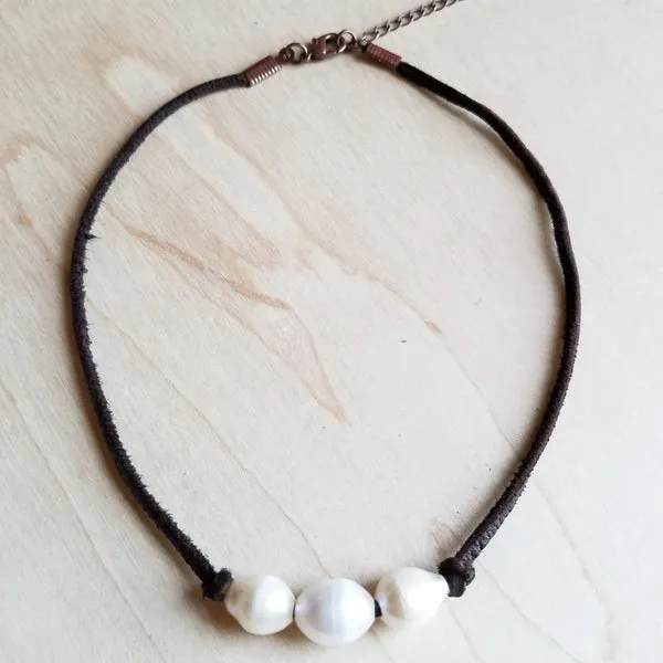 Triple Freshwater Pearl Brown Leather Choker Necklace*