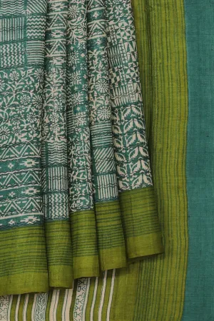 Tussar-Silk Printed Teal-Green Saree