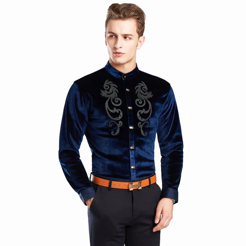 Twin Chest Embroidery Art Men Velvet Long Sleeve Mandarin Collar Shirt