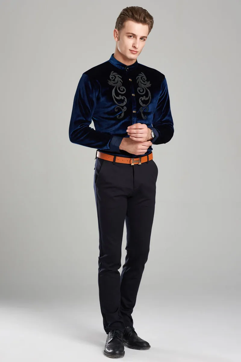 Twin Chest Embroidery Art Men Velvet Long Sleeve Mandarin Collar Shirt