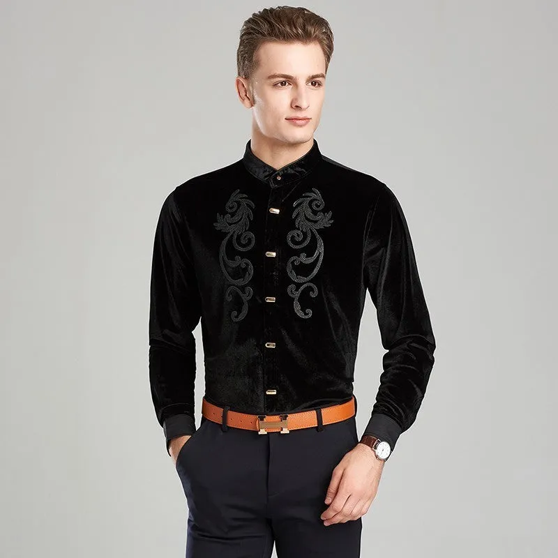 Twin Chest Embroidery Art Men Velvet Long Sleeve Mandarin Collar Shirt