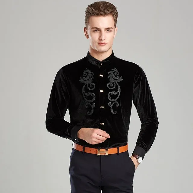 Twin Chest Embroidery Art Men Velvet Long Sleeve Mandarin Collar Shirt