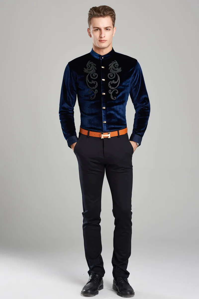 Twin Chest Embroidery Art Men Velvet Long Sleeve Mandarin Collar Shirt