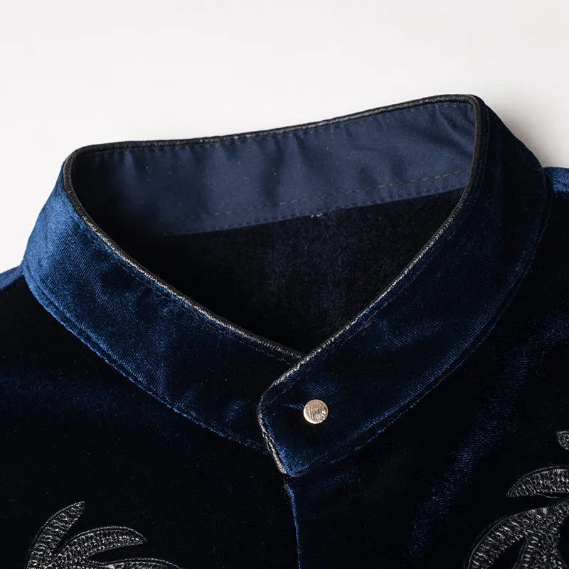 Twin Chest Embroidery Art Men Velvet Long Sleeve Mandarin Collar Shirt