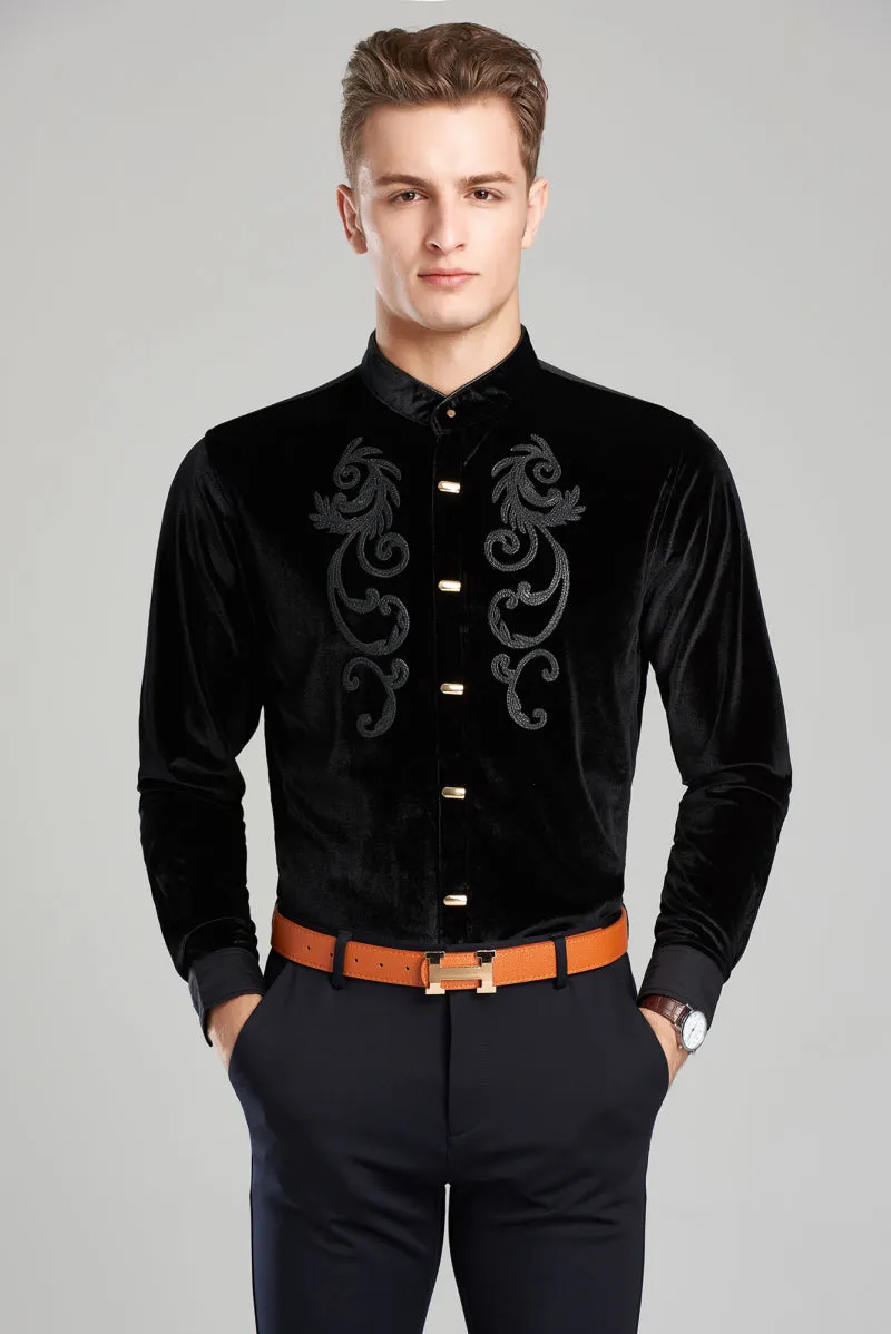 Twin Chest Embroidery Art Men Velvet Long Sleeve Mandarin Collar Shirt