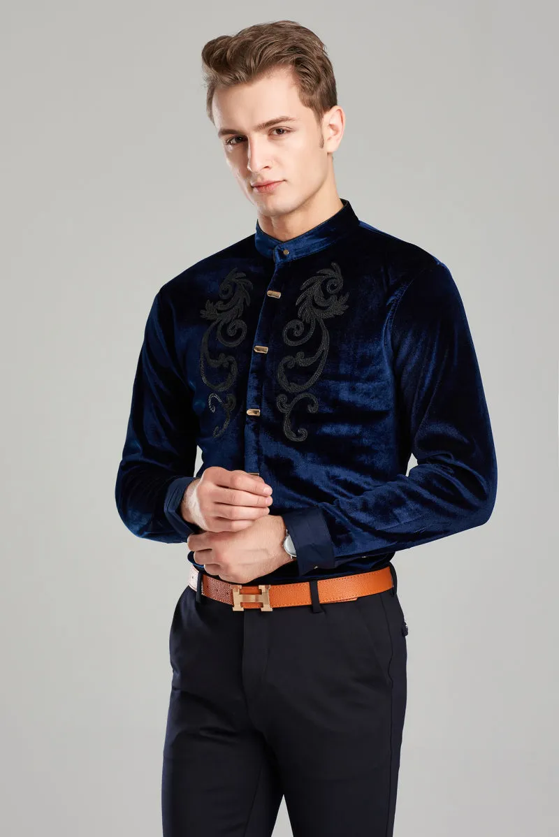 Twin Chest Embroidery Art Men Velvet Long Sleeve Mandarin Collar Shirt