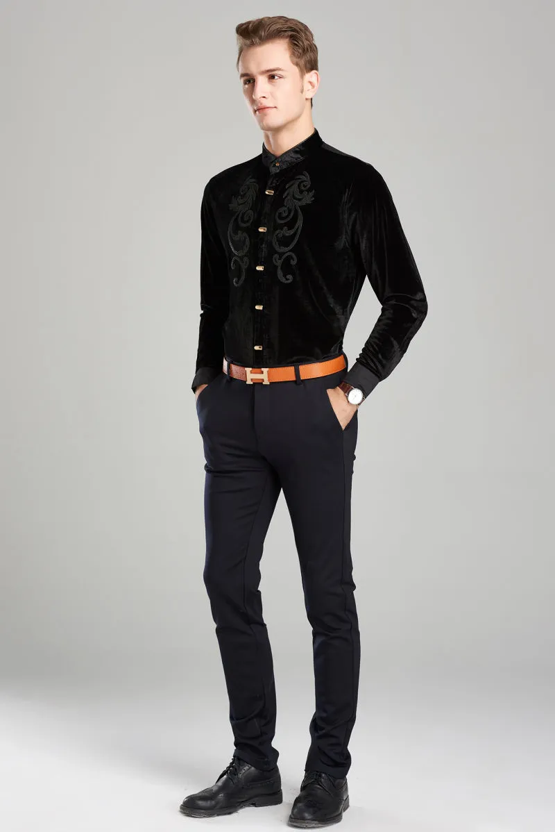 Twin Chest Embroidery Art Men Velvet Long Sleeve Mandarin Collar Shirt