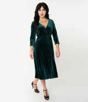 Vintage Style Forest Green Velvet Sleeved Midi Dress